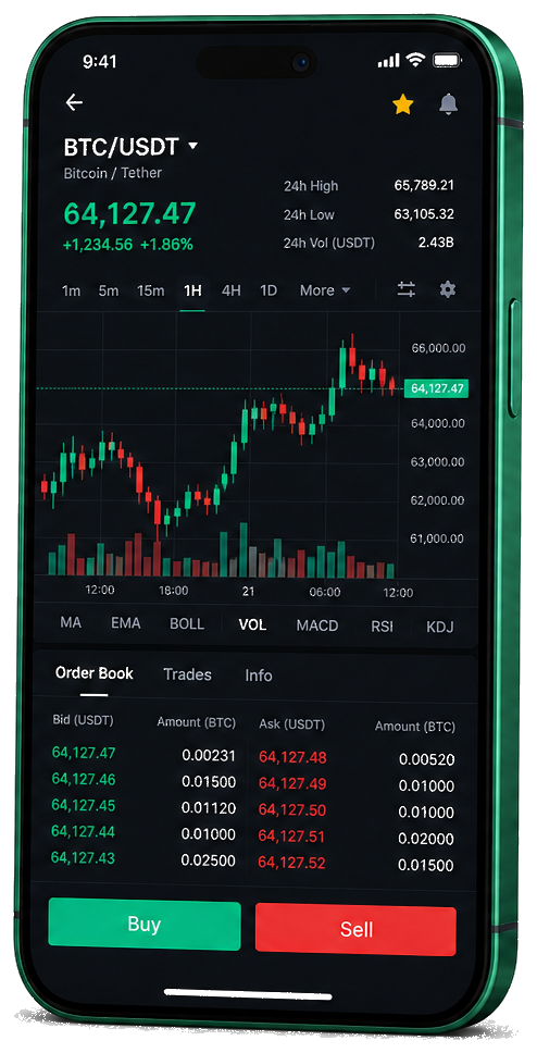 Tablazo Sarinda app móvil para trading — gráfico en directo BTC/USDT, libro de órdenes y panel de compra/venta